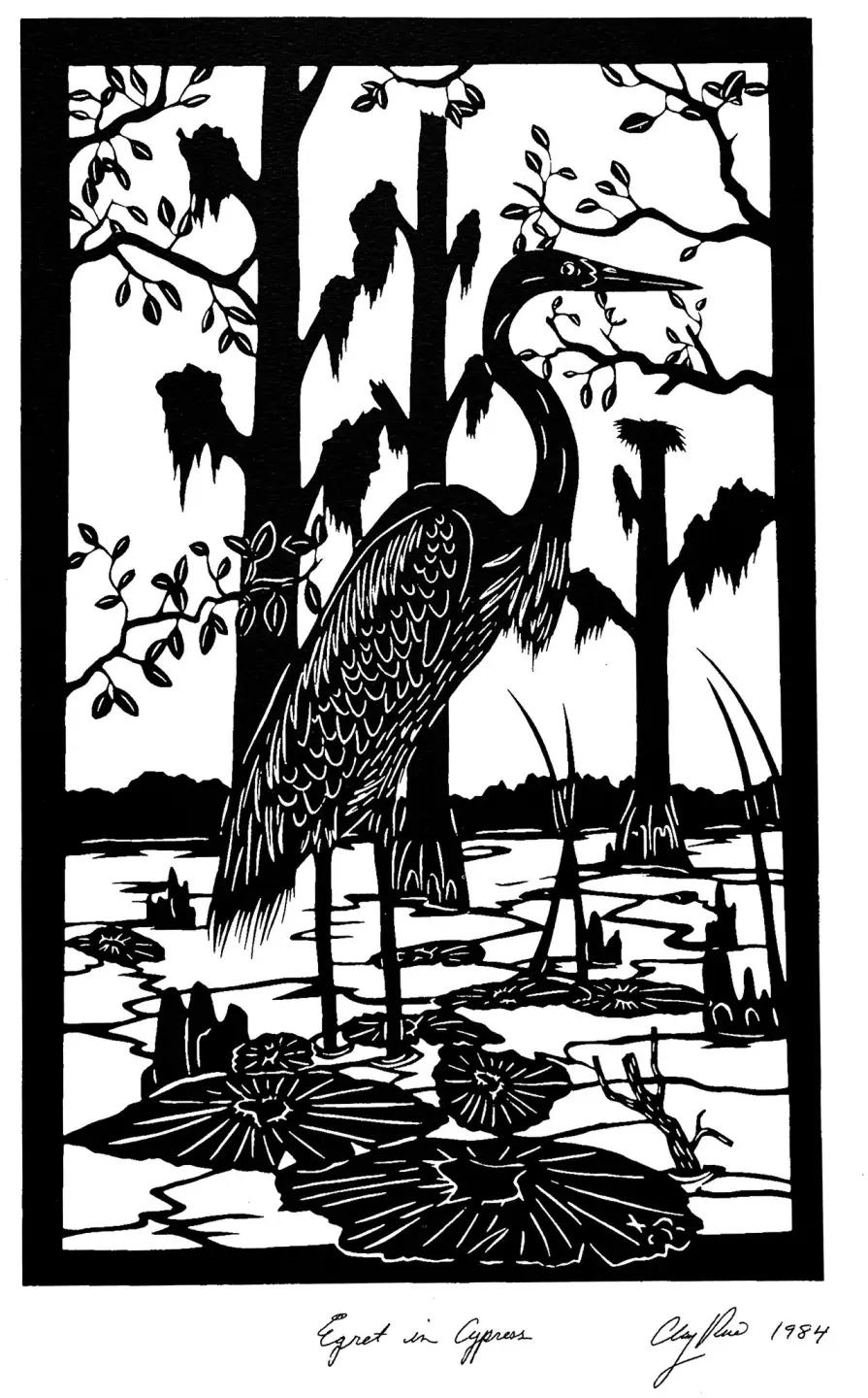 Artwork of an egret, a bird found in the wilderness in Charleston, SC