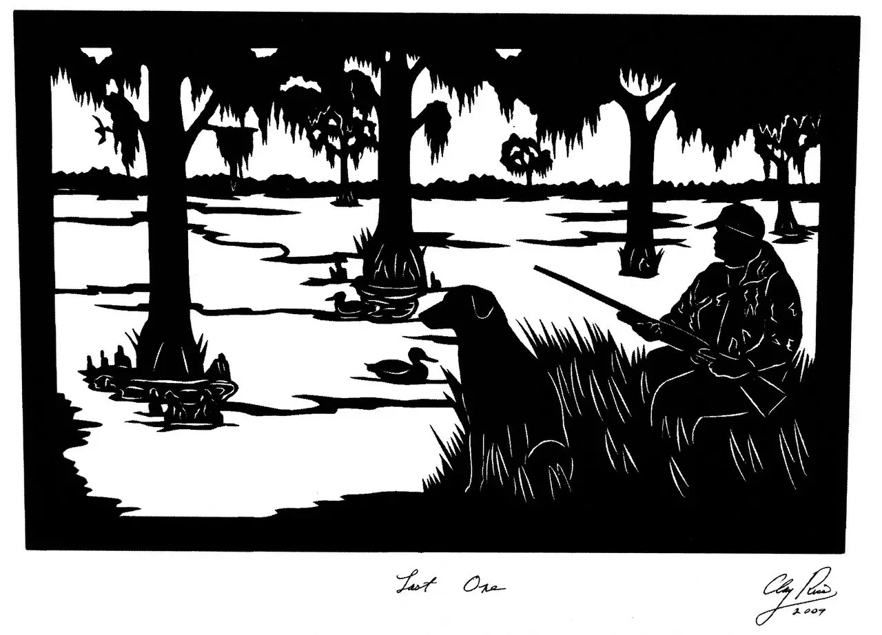 Artwork of a duck hunter and his dog in Charleston, SC by Clay Rice