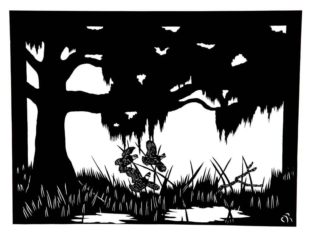 Artwork of three quails mid-flight in Charleston, SC