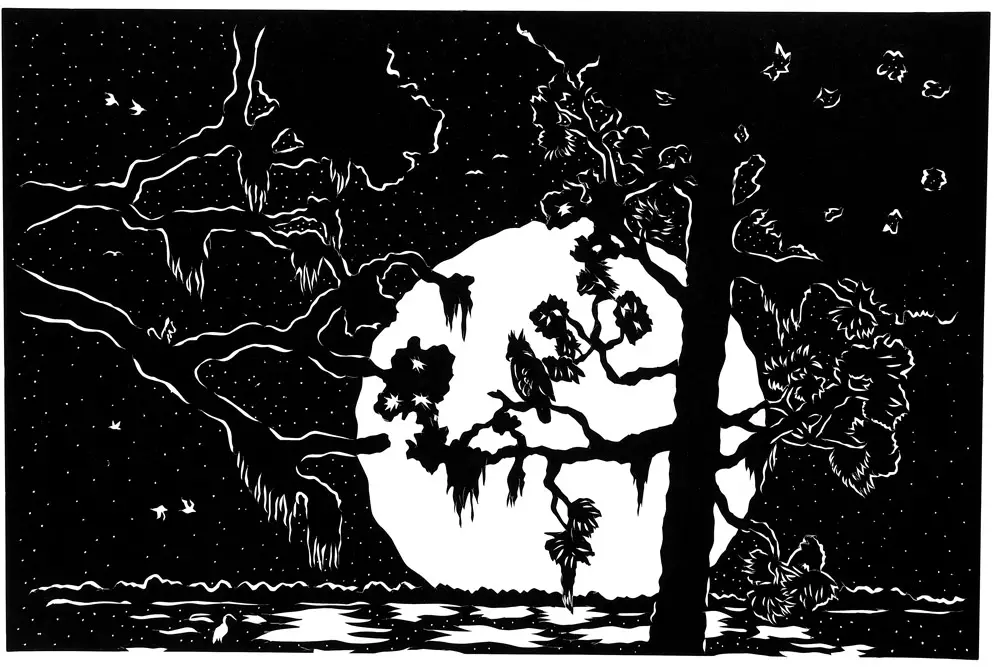 clay rice's art piece "moonlit night" - it shows a scene of the silhouette the trees and water in front of a full moon and a starry sky
